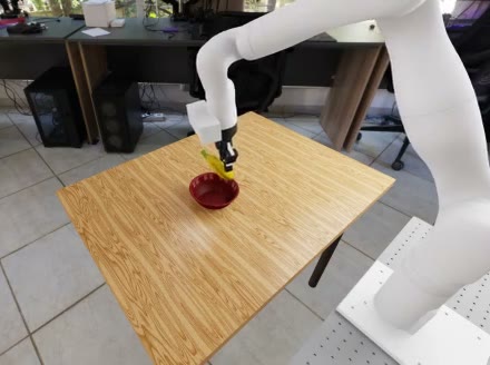 Robot B a few seconds later, carrying the banana over the bowl